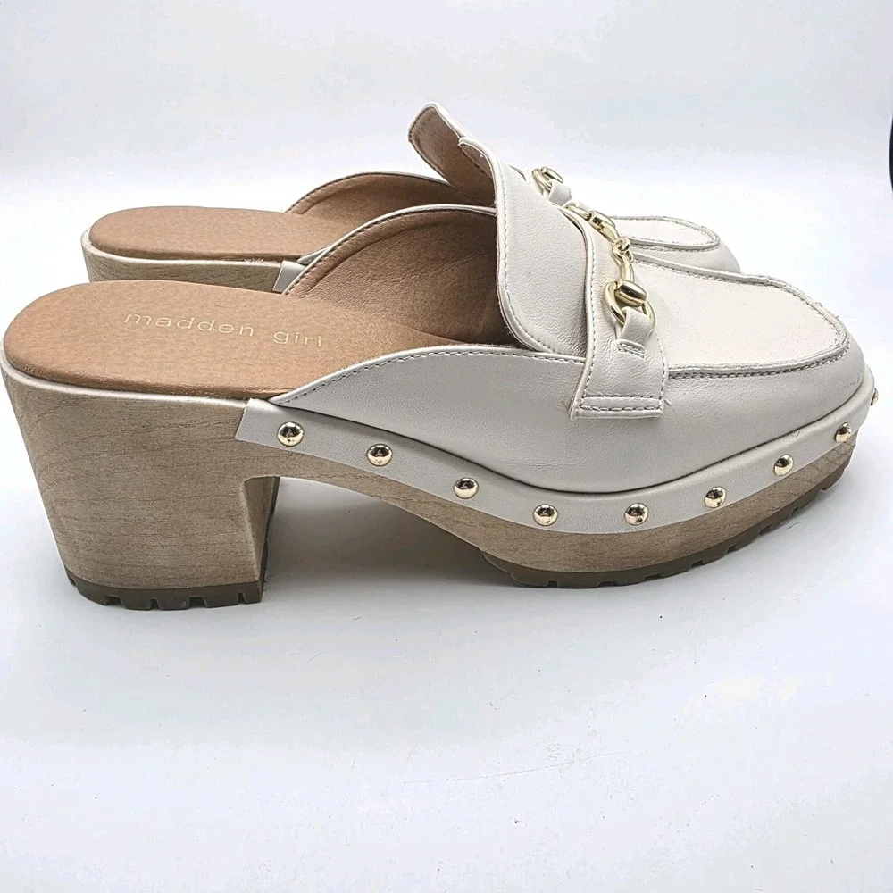 Madden Girl Clogs 9.5 Y2K Suzanne Platform  Mule Heels Ivory Bit Bridle Studded - Picture 3 of 13